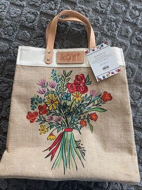 LOVE Brighton Rose Bouquet Burlap Tote with Leather Accents